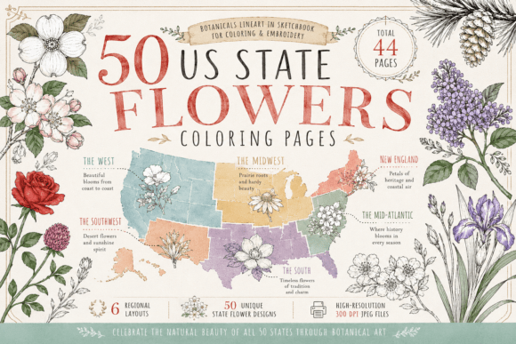 Download 50 US State Flowers Coloring Page Bundle - Premium Resources